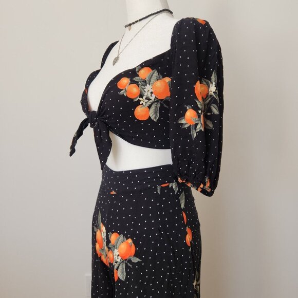 Forever 21 Two Piece Set Orange Fruit Crop Top Wide Leg Pant Black Boho Dot XS M - Picture 5 of 16